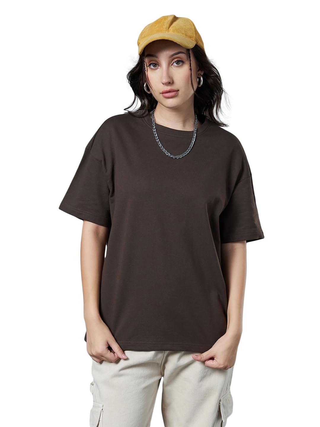 bewakoof Women's Solid Oversized Fit Half Sleeve Round Neck Cotton Blend T-Shirt-picture-24