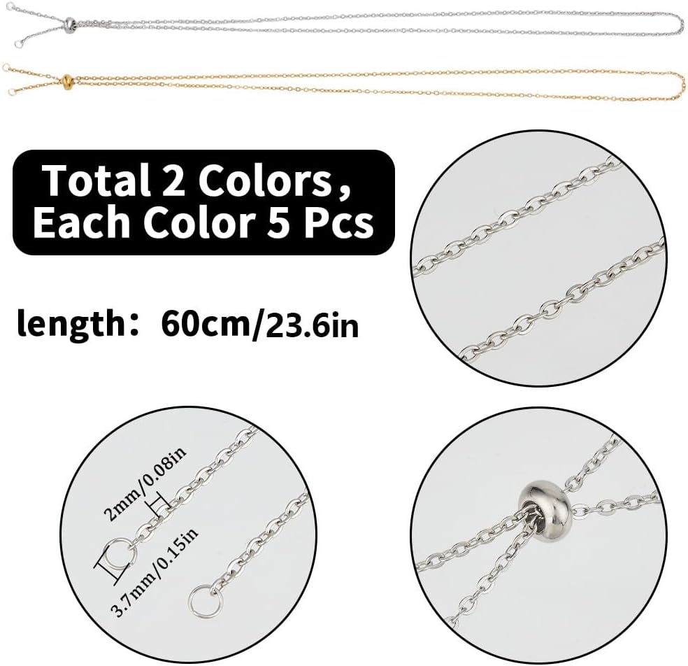 SUNNYCLUE 1 Box 10 Pack 24 Inch/0.6m 2mm Necklace Slider Chains Adjustable Necklace Chain Bulk Stainless Steel Slider Adjustable Ball Bead Findings for DIY Women Men Adults Jewelry Making Supplies