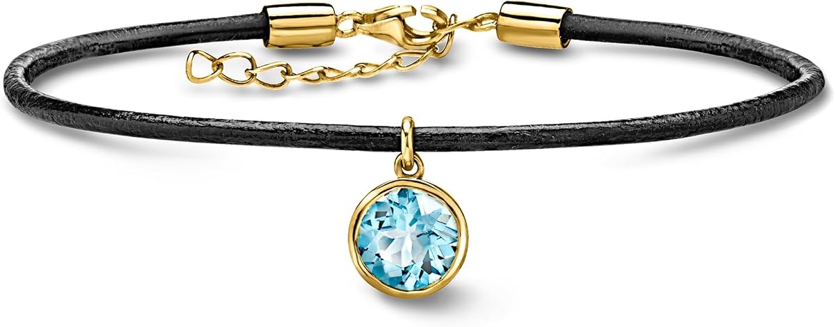 Ross-Simons 2.10 Carat Swiss Blue Topaz Bracelet With Black Leather Cord and 18kt Gold Over Sterling. 7 inches