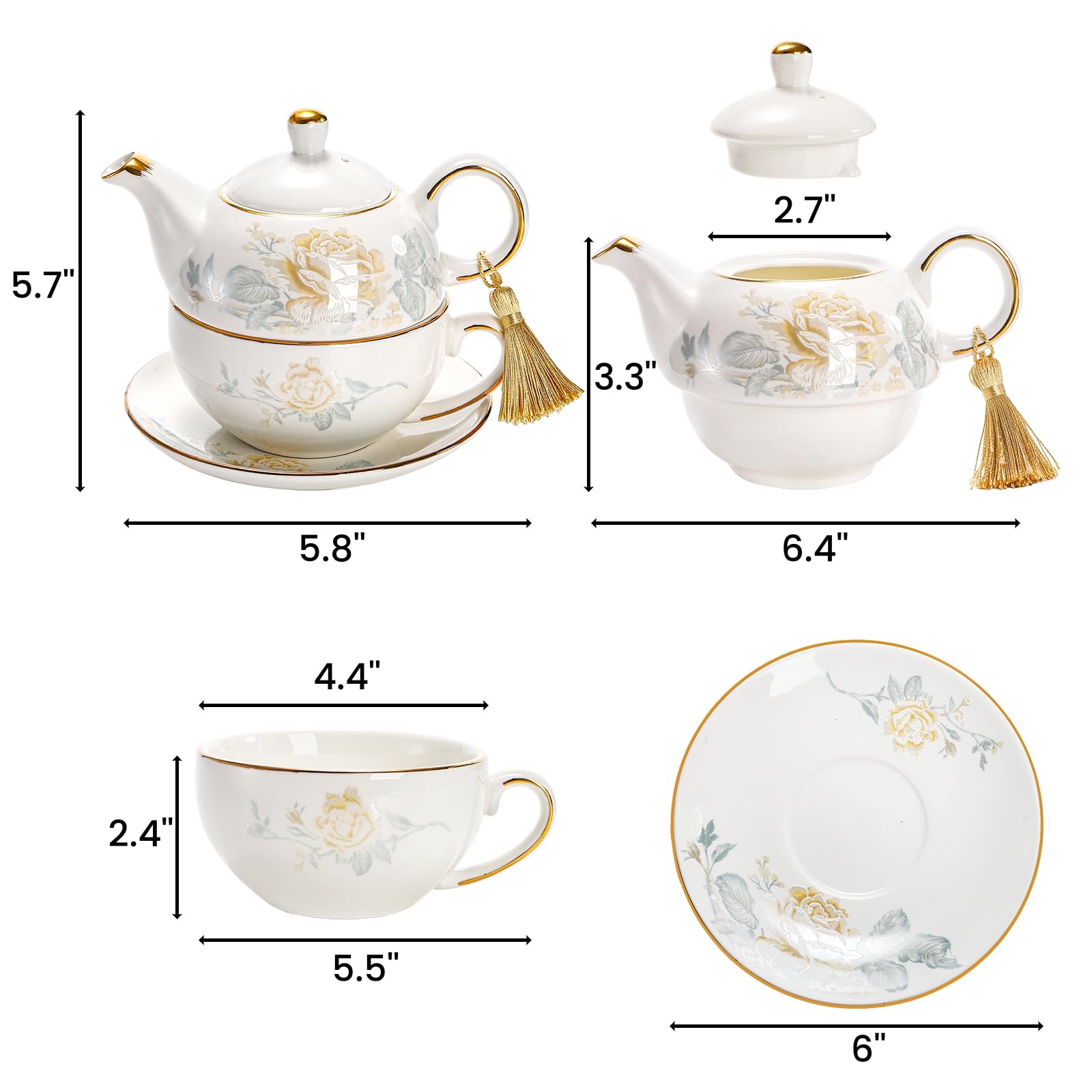 Nagpew Tea for One Set, Porcelain Floral Teapot Cup Saucer Set