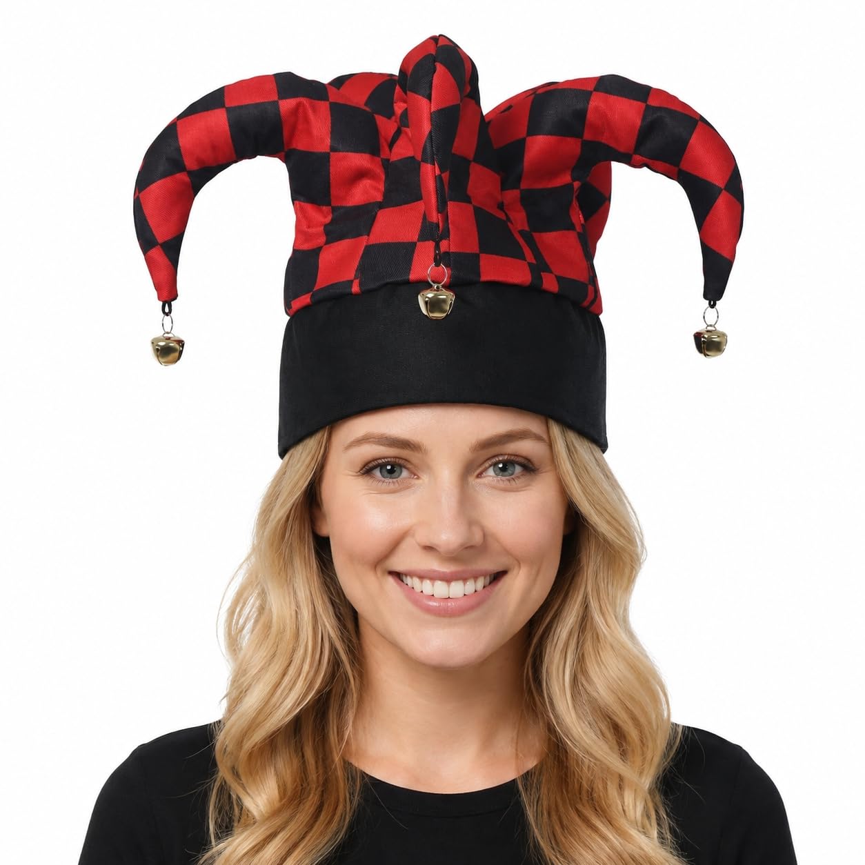 ANDHOM Jester Hat Clown Joker Costume Accessory with Bells for Halloween Christmas Carnival Mardi Gras Cosplay (02 Red&black)