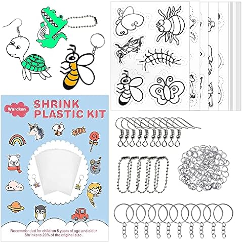 Warckon 145Pcs Shrink Plastic Sheets Kit Include 15Pcs Shrinky Plastic Sheets Paper and 5Pcs Traceable Picture 125 PCS Keychains Accessories, for Kids Creative Craft Cover