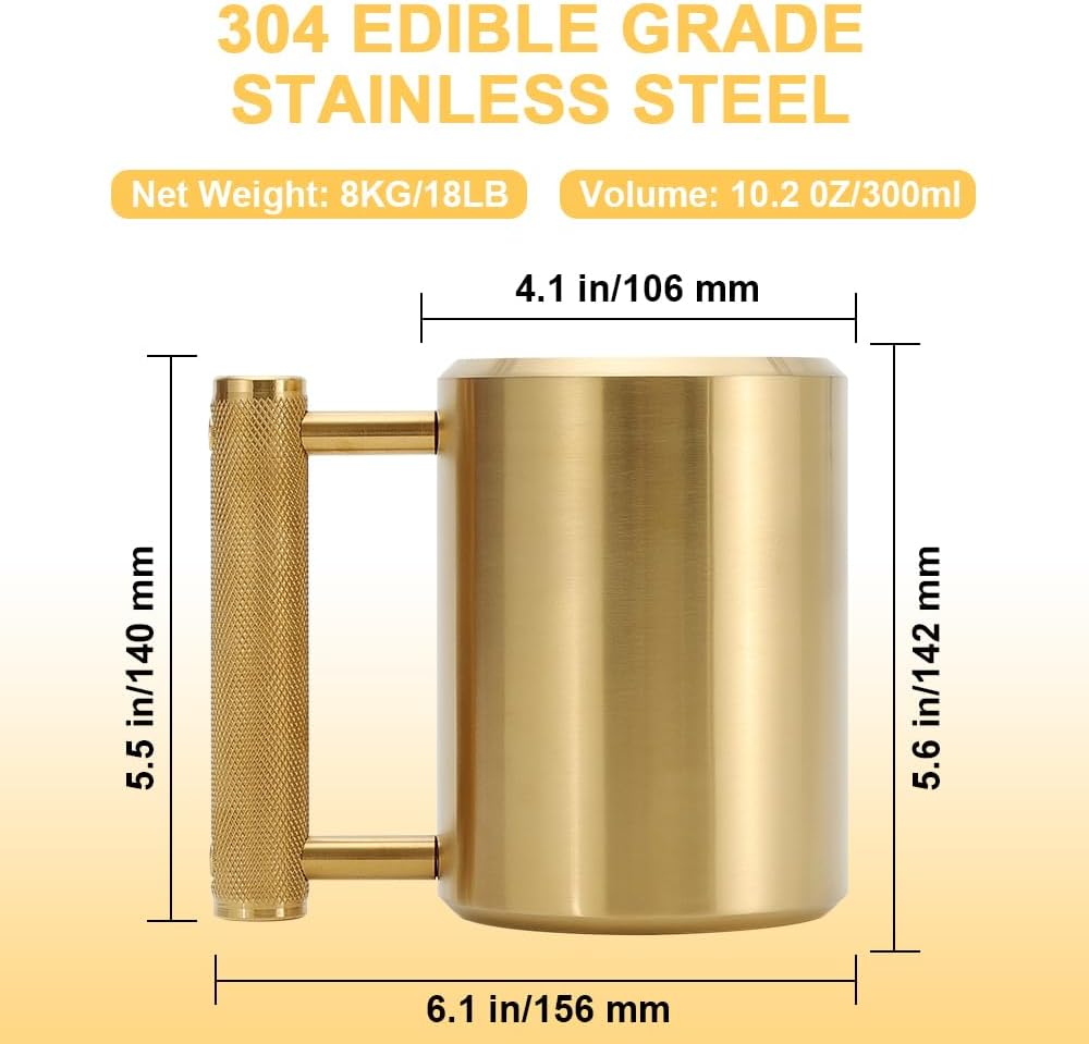 Heavy Mug Weighted Mug 18LB/8KG 10 oz Heavy Workout Cup with Non-Slip Handle, 304 Stainless Steel Fitness Dumbbell Coffee Mug for Home Gym Training, Arm Strength Challenge,Golden