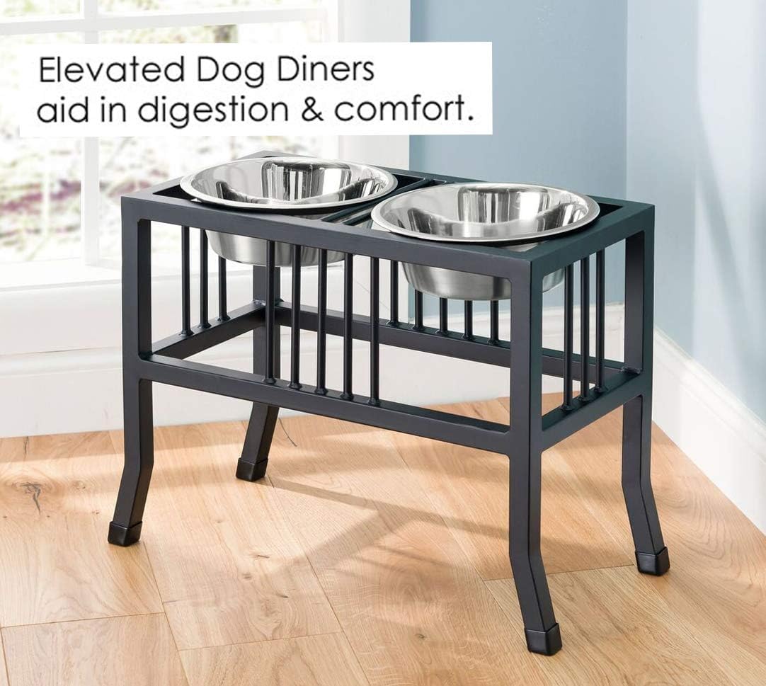 Double Bowl Elevated Diner - 18" Tall - Raised Dog Feeder - Color: Black - Great for Large/XL Breeds - Best Pet Food and Water Bowls - Non-Skid Legs - Metal/Steel - Stainless Steel Bowls.