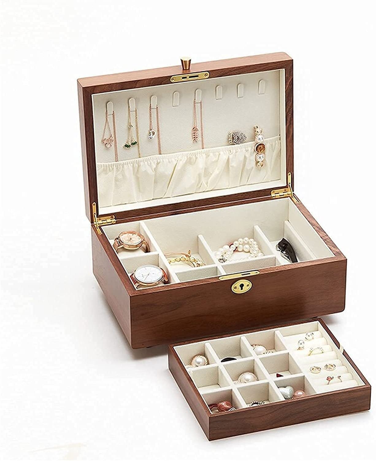 TIANQIHAO Display Jewelry Box Wooden Jewelry Box - 2 Layer Jewelry Organizer With Ring Tray And Lock For Women And Girls - Holder For Earring Ring Necklace And Bracelet Jewelry Sto