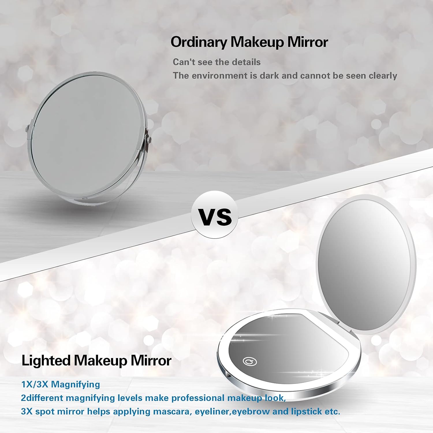 Audingull LED Lighted Compact Mirror 1X/3X Magnification , Rechargeable LED Lighted Makeup Mirror 3 Brightness Touch Dimmable, for Handbag, Purse, Pocket : Beauty & Personal Care