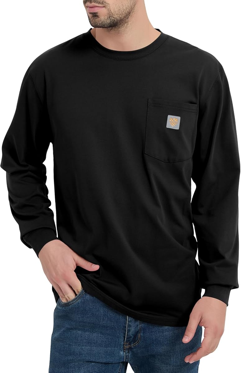 Men's Loose Fit Heavyweight Work Long Sleeve T-Shirts(Regular&Tall) | 240 GSM heavyweight work tee with a chest pocket, moisture-wicking fabric