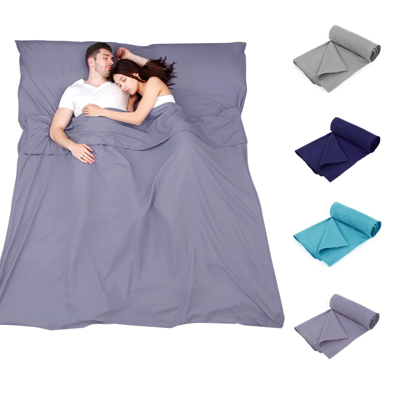 Plliocse Sleeping Bag Liner Travel Sheet Sleeping Bag, Double Size 180 x 210 cm Sleeping Bags Liners with Pillow Pockets for Adults, Travel, Hotels, Business Trip, Camping (Purple, 180cm x 210 cm)