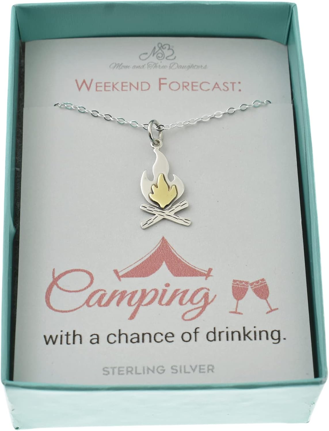 MOM & THREE DAUGHTERS Camping Charm Necklace in Sterling Silver. 18 Inch Chain. Campfire Charm with Bronze Flame. Campfire Jewelry.Necklaces for Women. Jewelry. Gift for Girlfriend, Wife.
