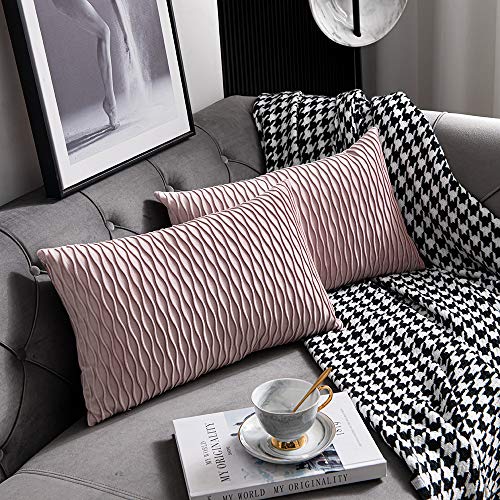 Dezene 12X20 Pink Throw Pillow Covers: 2 Pack Original Striped Velvet Rectangular Decorative Pillow Cases For Farmhouse Couch #TOP1