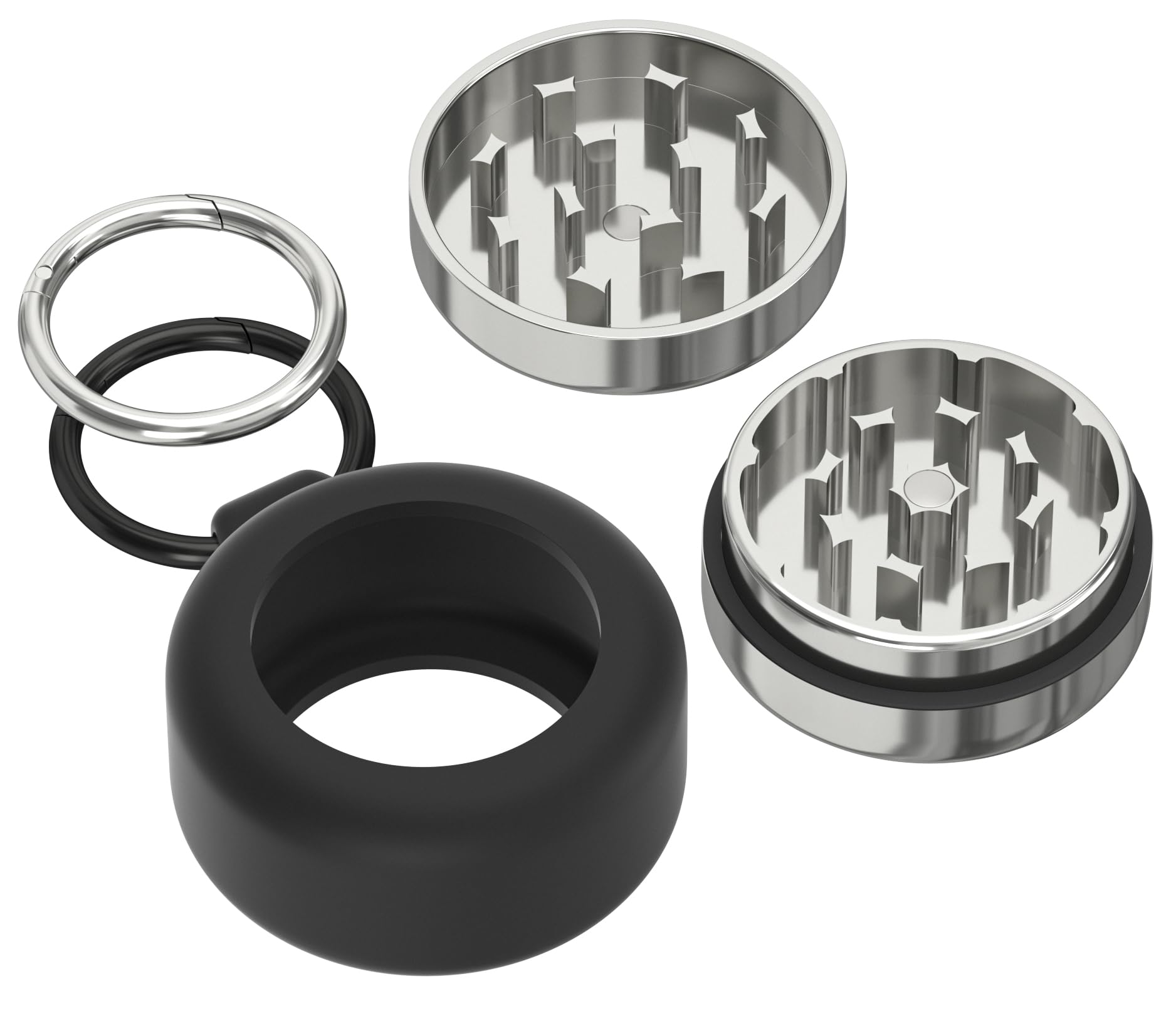 Edelstahl Grinder Travel ⌀ 42 mm – 2-teiliger Mini Grinder aus Edelstahl mit schwarzer Silikonhülle & Karabiner – kompakt, robust, stilvoll für unterwegs