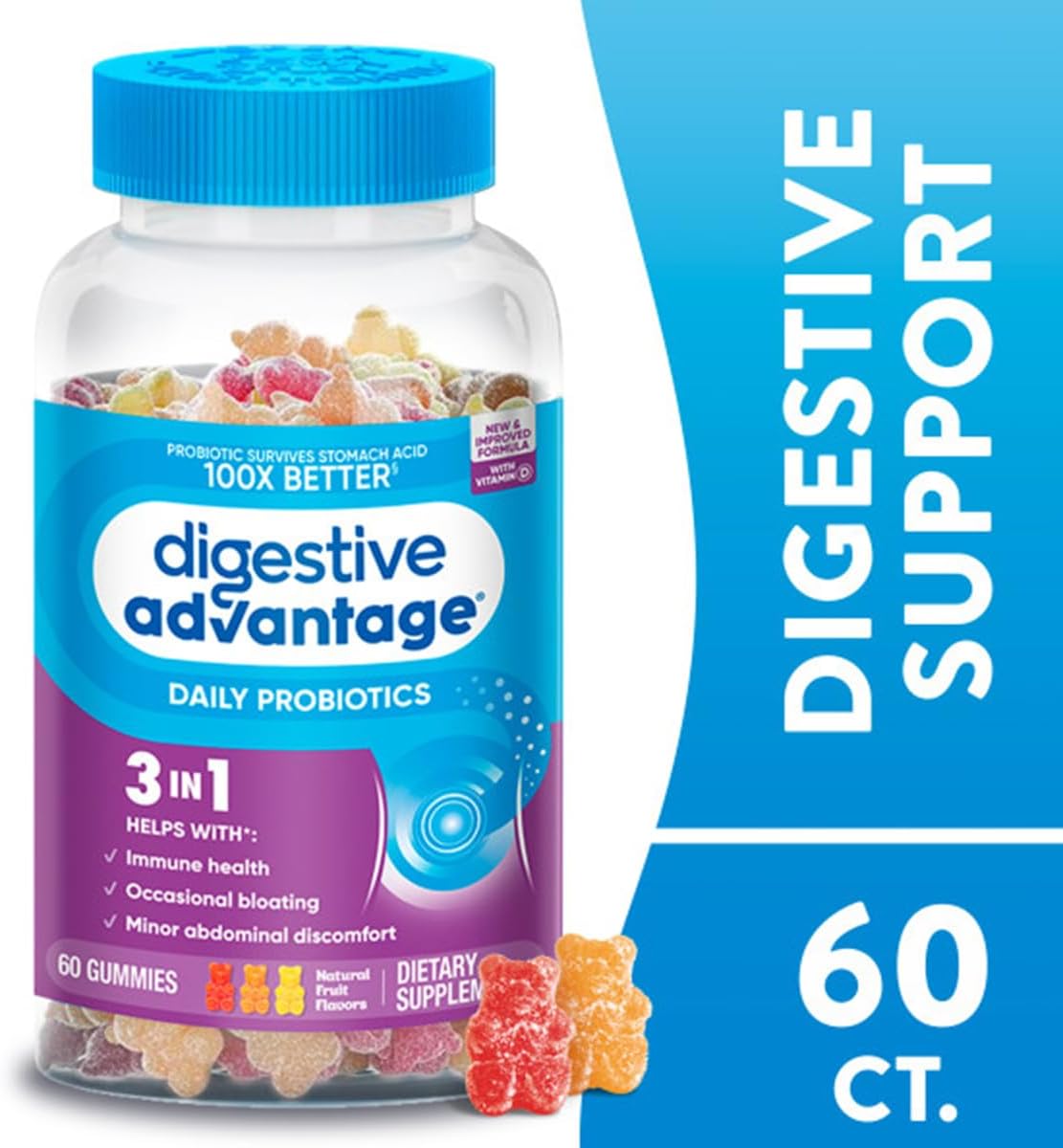 Digestive Advantage 3-in-1 Natural Fruit Flavors Probiotic Gummies for Women & Men Occasional Bloating, Minor Abdominal Discomfort & Gut Health, 60 Count Gummies (3 Pack)