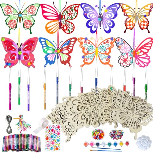Beafaeur 174 Piezas Carillones De Viento De Mariposa Madera, Juego De Manualidades Para Niños, Colgantes De Madera De Pascua Primavera Para Pintar con Mariposas Flores Decorativas, Campanas, Pedrería