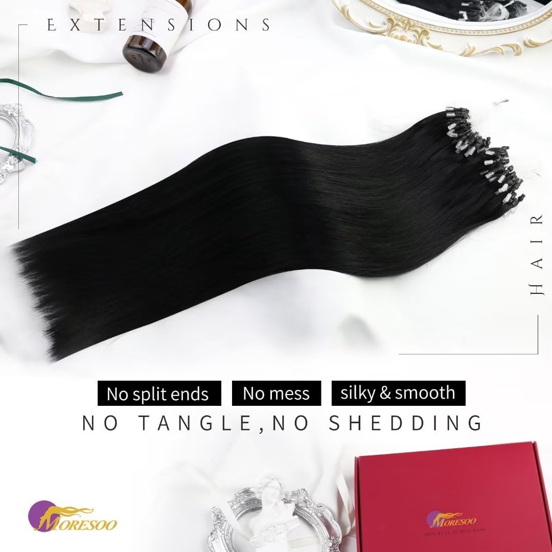 Moresoo Micro Loop Hair Extensions Real Human Hair Jet Black 20 Inch Real Straight Hair Micro Ring Human Hair Extensions Black for Women Cold Fusion Less Damage Hair 1G/Strand 50G/Pack #1 - Image 4