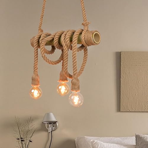 Miniatura 3 de Arturesthome 3 luces vintage de bambú candelabros de cuerda de cáñamo, lámpara colgante industrial rústica única para dormitorio, restaurante,