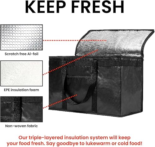 NZ home Durable XXL PRO - Bolsa térmica térmica y calentador de alimentos para entrega y compras de comestibles con parte superior con cremallera,