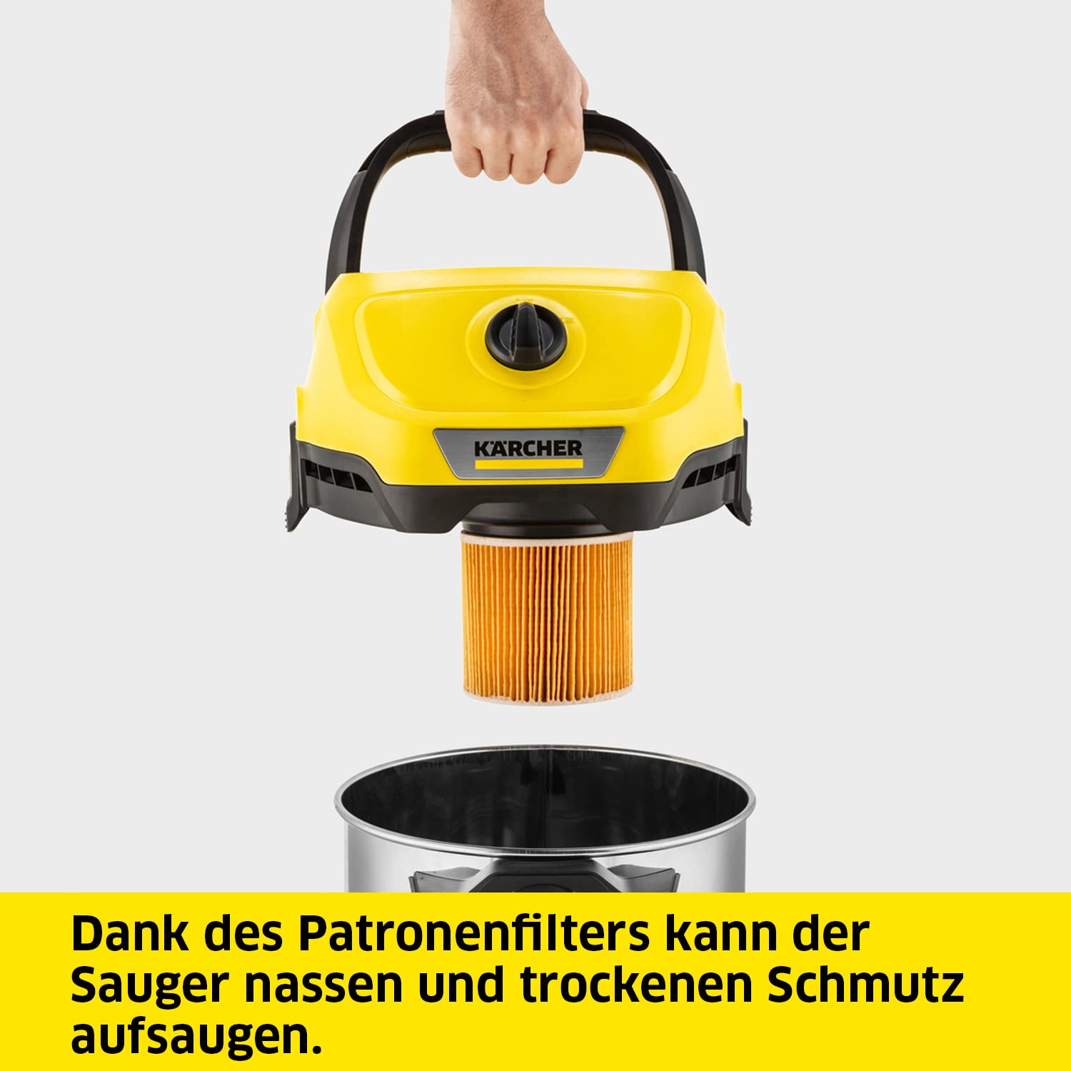 KÄRCHER Nass-/Trockensauger WD 3 S V-17/4/20, 1000 W, 2 m, Patronenfilter, Vliesfilterbeutel, Blasfunktion, Boden- und Fugendüse, Schwarz, Gelb