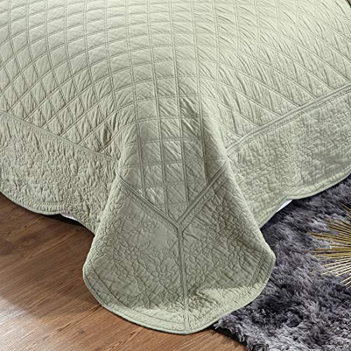 Vctops 100% Cotton Floral Embroidered Quilt Set 3-Piece Oversize Queen Size Reversible Diamond Pattern Quilted Bedspread Coverlet Bed Cover (Oversize Queen,Green) #TOP4