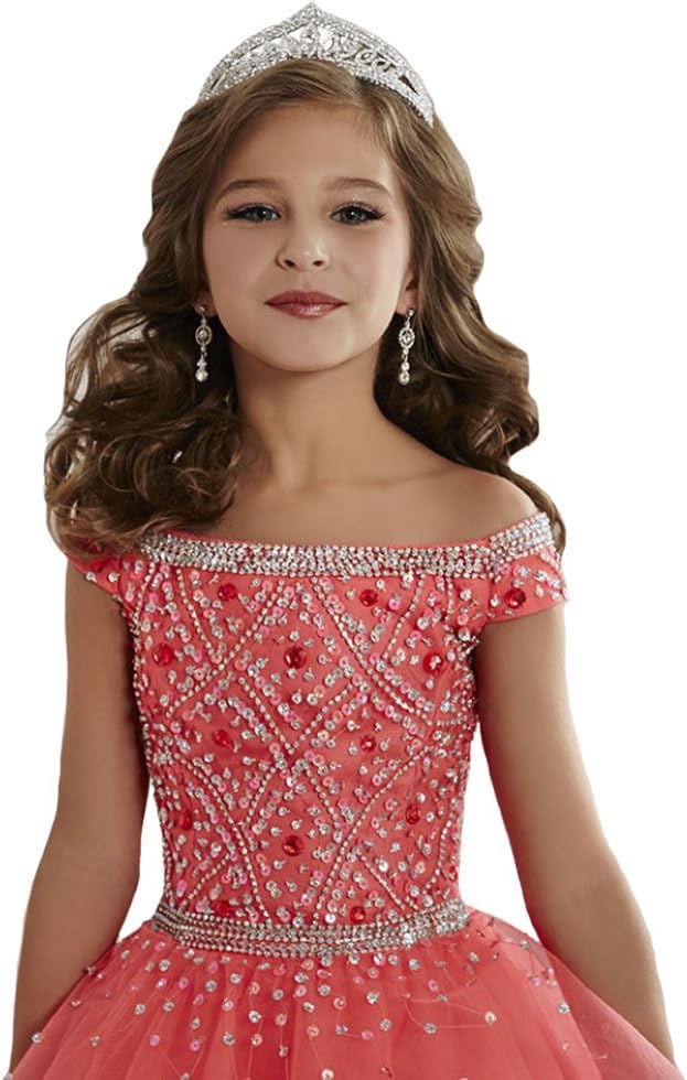 Zhiban Girls' Off Shoulder Evening Dresses Kids' Sequins Tulle Pageant Gowns