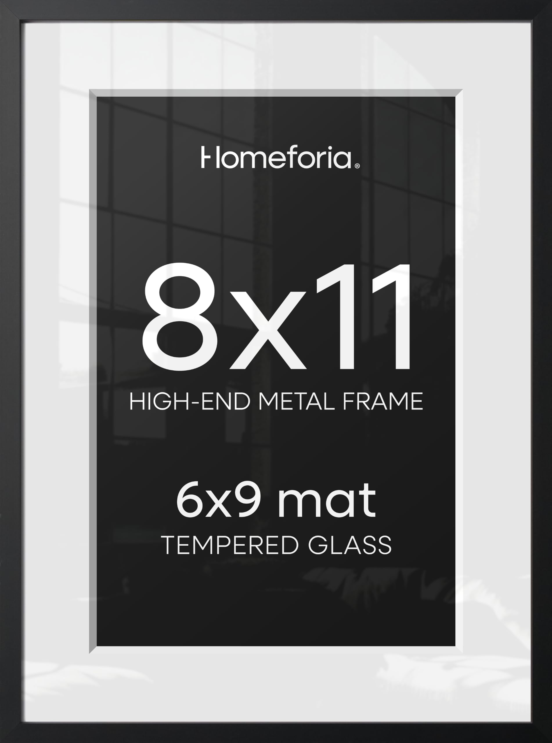Homeforia 8x11 Black Picture Frame, High-End Metal, 6x9 Mat, Glass