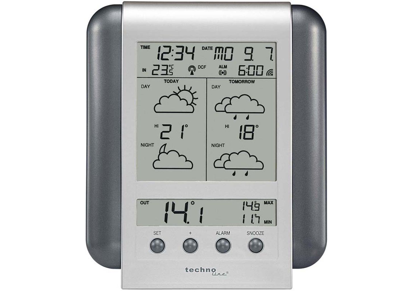 Technoline, stacja pogodowa Meteotronic WM 5412, srebrna, 2-częściowa składająca się ze stacji i czujnika, 13,5 x 2,8 x 16,6 cm