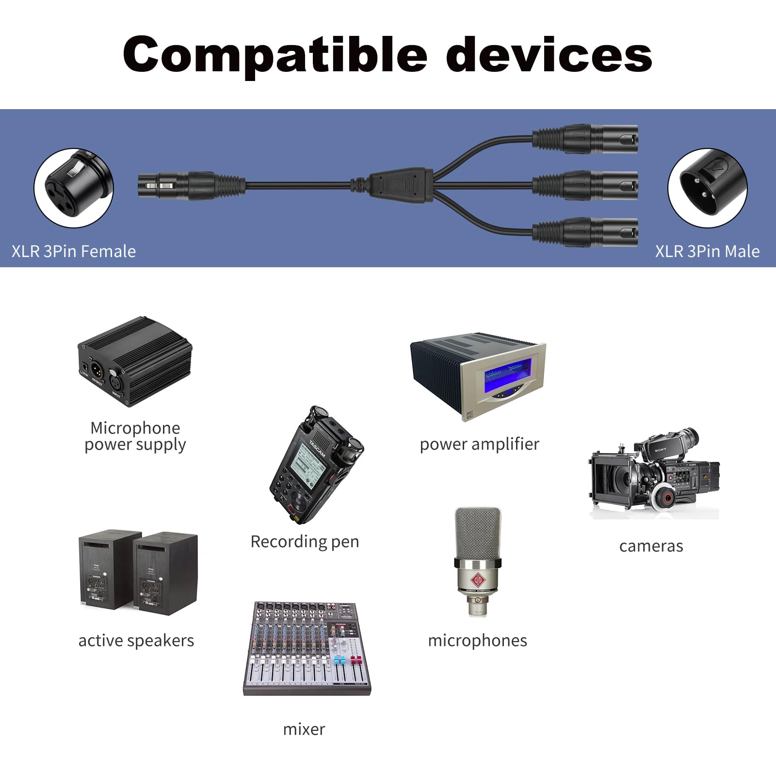 Cable divisor XLR, 2 pies, divisor XLR 1 hembra a 3 macho, audio profesional, divisor de micrófono equilibrado para estudio de grabación, podcasting de sonido en vivo, 0,6 m