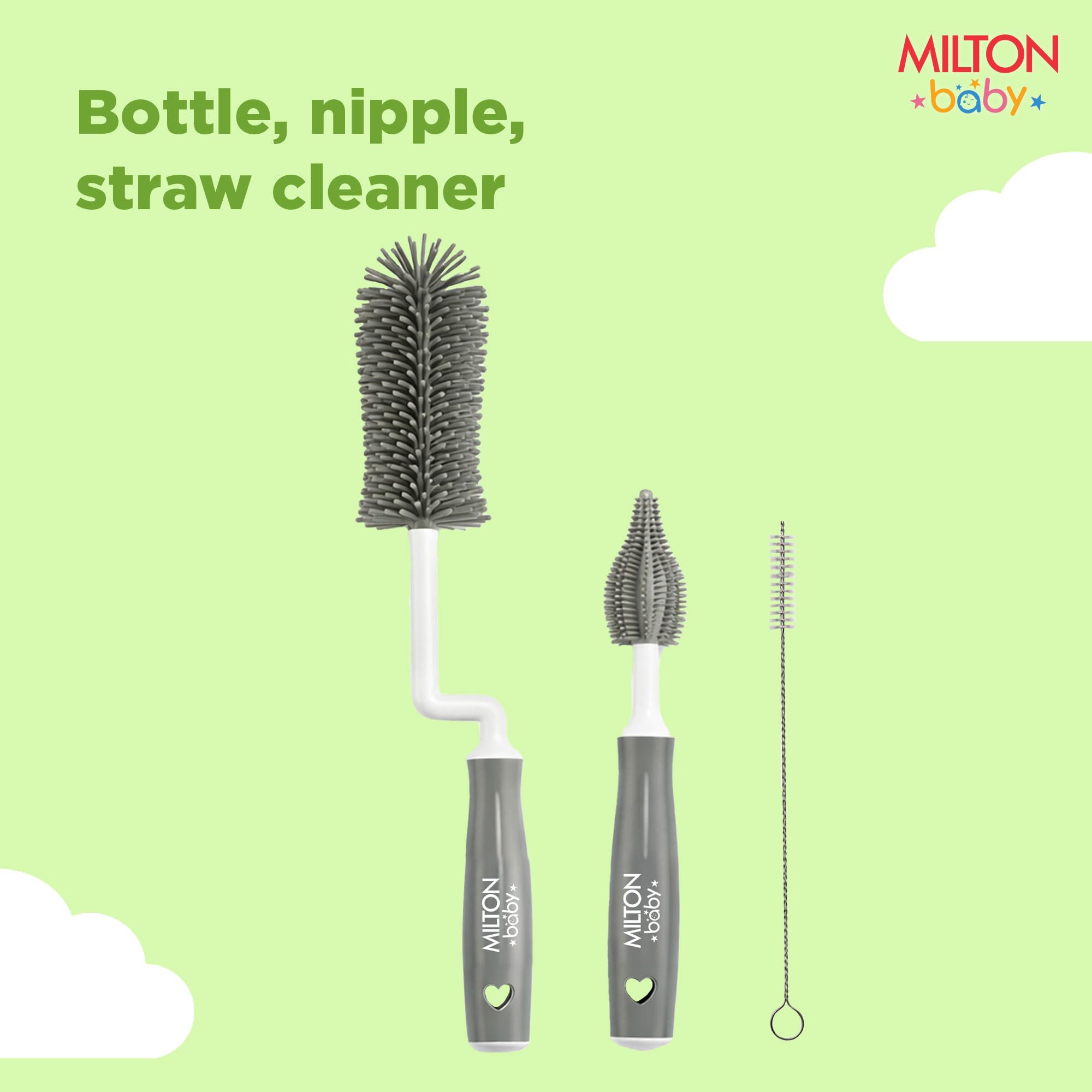Milton Baby Silicone 3-in-1 Bottle Brush Set | 360° Movable Long Handle | Bottle, Nipple & Straw Cleaner | BPA-Free, Food Grade I Scratch-Free Soft Bristles for Narrow & Wide Neck Bottle I Grey 3