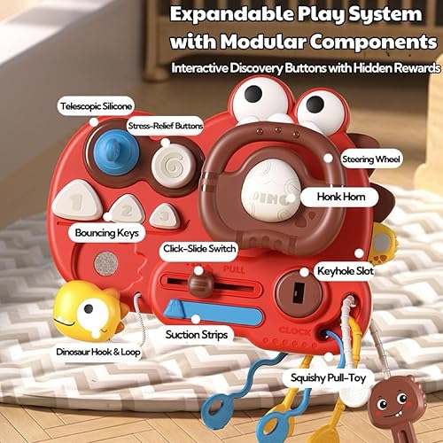 Dinosaur Steering Wheel Toy, Travel Busy Board, Montessori Sensory Toys，Educational Toys for Babies, Suitable for Tabletop, Stroller, Crib, car seat. Birthday Gifts for 18 Months+ (RED)(Red)