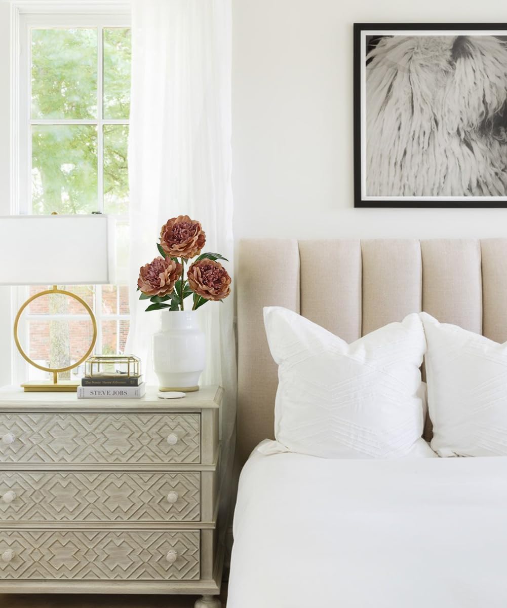 Briful 3PCS Faux Peony Flower Stems, 25.5" Artificial Peony Flowers Realistic Fake Flowers for Vase Arrangements Wedding Centerpieces Decoration(Brown)