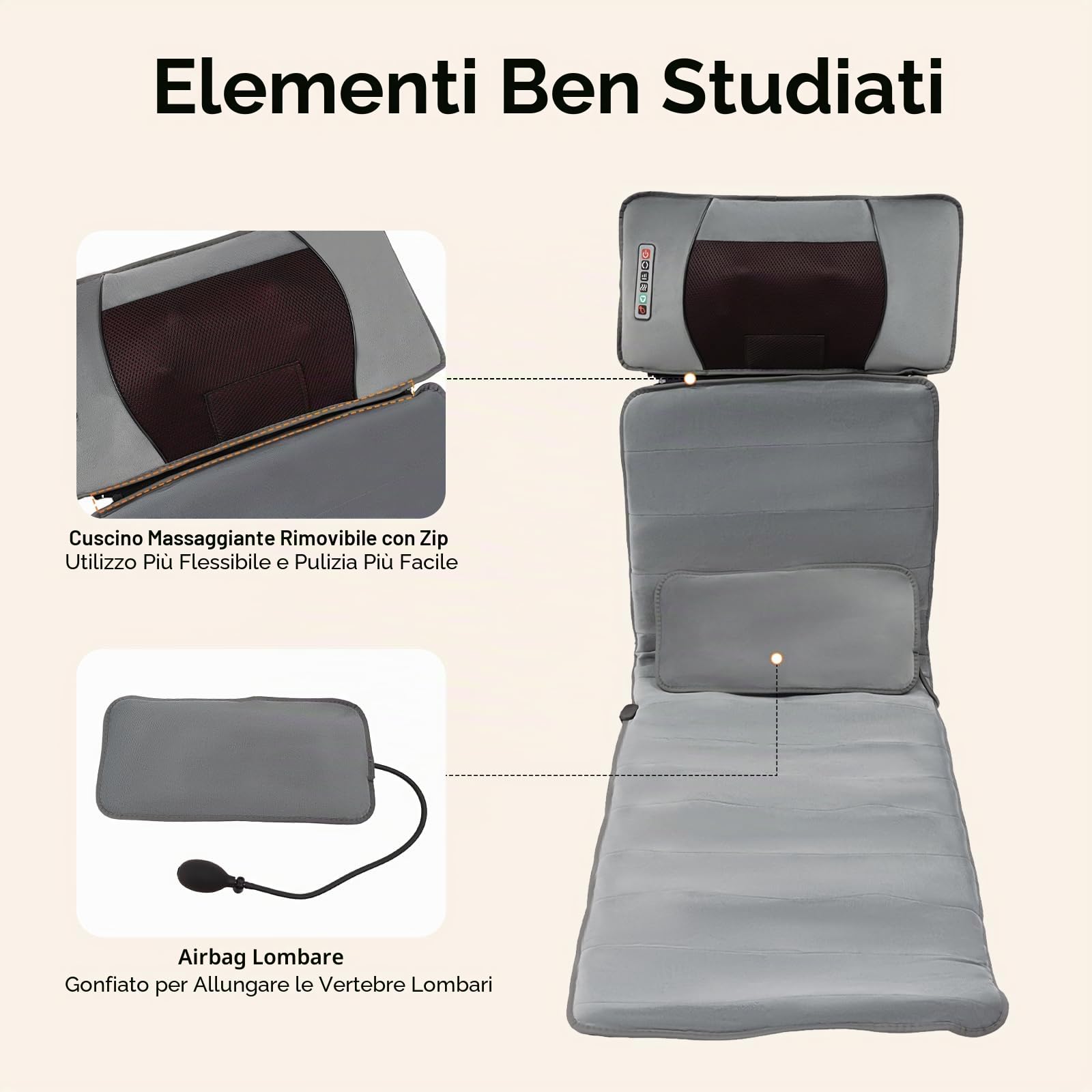 Tappetino massaggiante Shiatsu con calore, 20 testine | 10 motori vibranti, 9 modalità, 9 intensità e 9 velocità, timer 10/20/30 min, cuscino cervicale rimovibile e airbag lombare