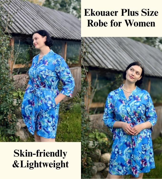 Image of Ekouaer Women Plus Size Robe Knee Length Lightweight Bathrobe Short Kimono Robes with Pockets Maternity Robe