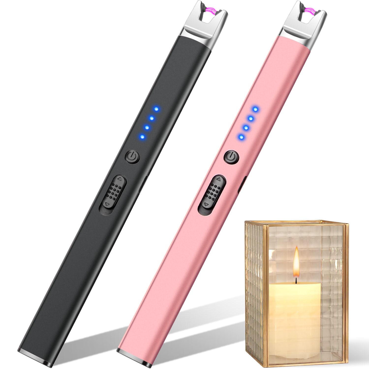LcFun 2 Pack Candle Lighter Electric USB Rechargeable Plasma Arc Lighter with Safety Lock, Windproof Flameless Long Lighters for Candle, Grill, BBQ, Camping, Gas Stoves (Black, Champagne Gold)