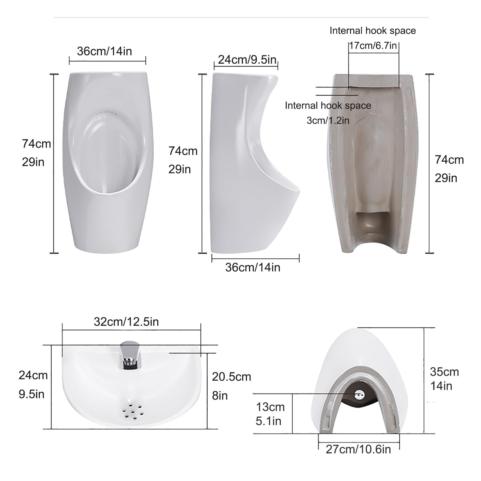 Cerámica Urinario con Descarga Inteligente para Hombres, Urinarios para Hombres con Lavabo, para Uso Doméstico y Comercial, Hogar, Bar, Centro Comercial(Black)