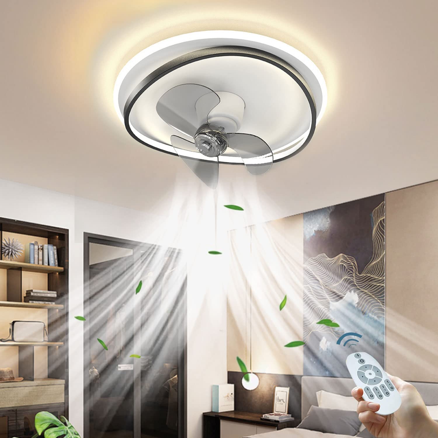 AIAO Ventilatore A Soffitto Con Luce LED 45W - Testa Oscillante 360°, Telecomando, Luci Dimmerabili A 3 Colori, Plafoniera Moderna Per Camera Da Letto E Soggiorno (Diametro 50cm, Pale Nere) - 5