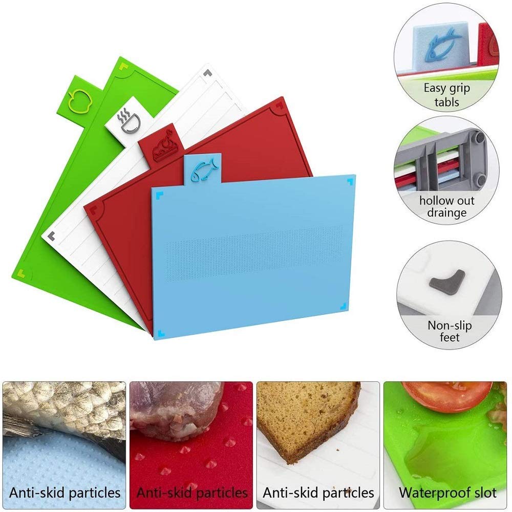 Set Tagliere per Supporto da Cucina, Tagliere Piccolo con Manico Easy-Grip Senza BPA, taglieri Spessi con scolapiatti e Icone per Alimenti, Lavabile in lavastoviglie