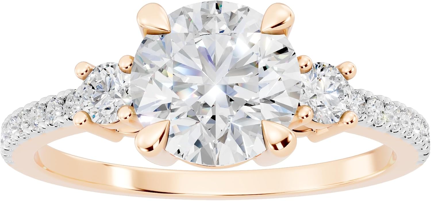 Round Lab Grown White Diamond Classic Three Stone Engagement Ring for Women in 10K Solid Gold
