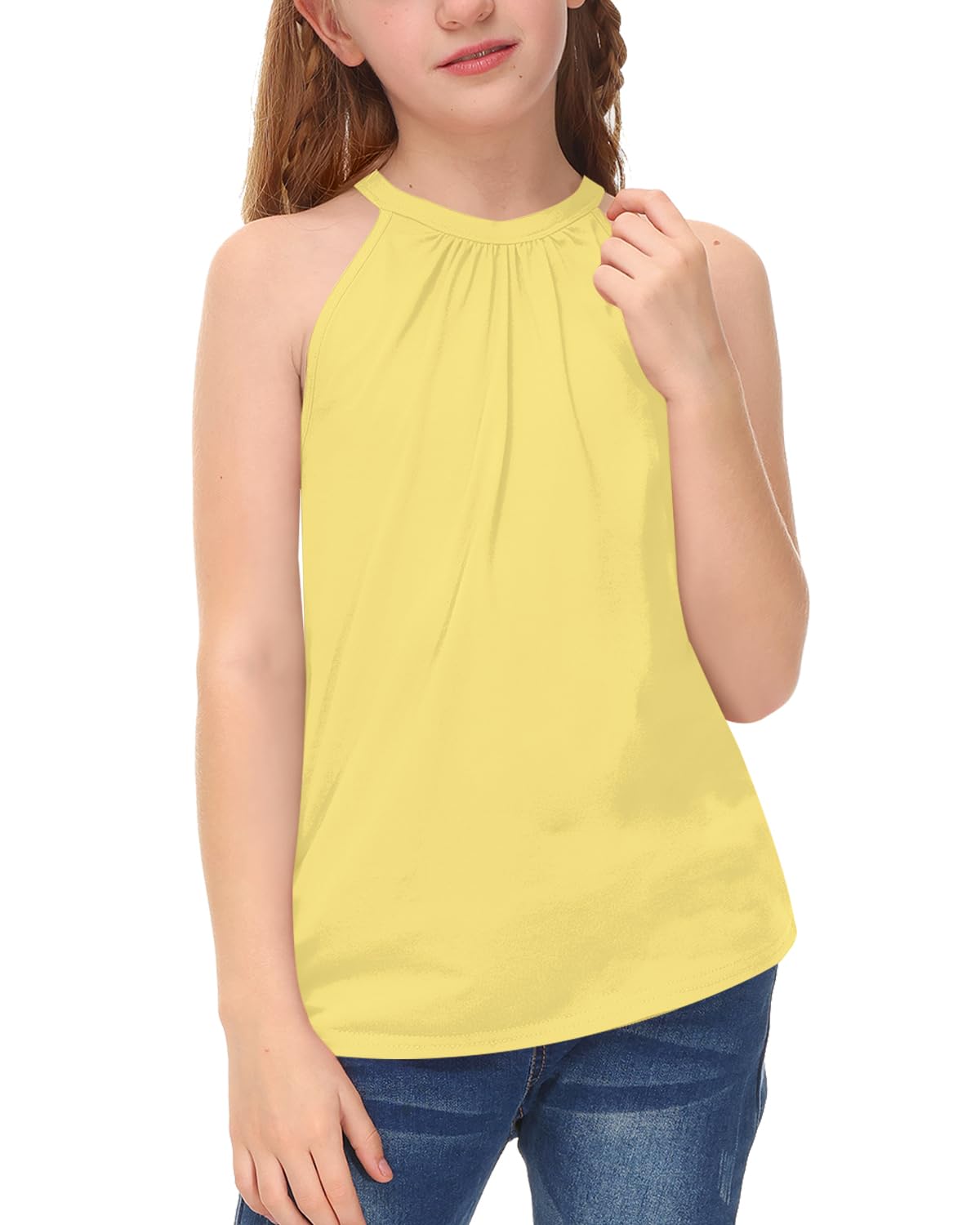 BesserBay Girls Summer Back Button Halter Neck Tank Top Cold Shoulder Casual Blouse Pleated Sleeveless Shirts 5-14 Years