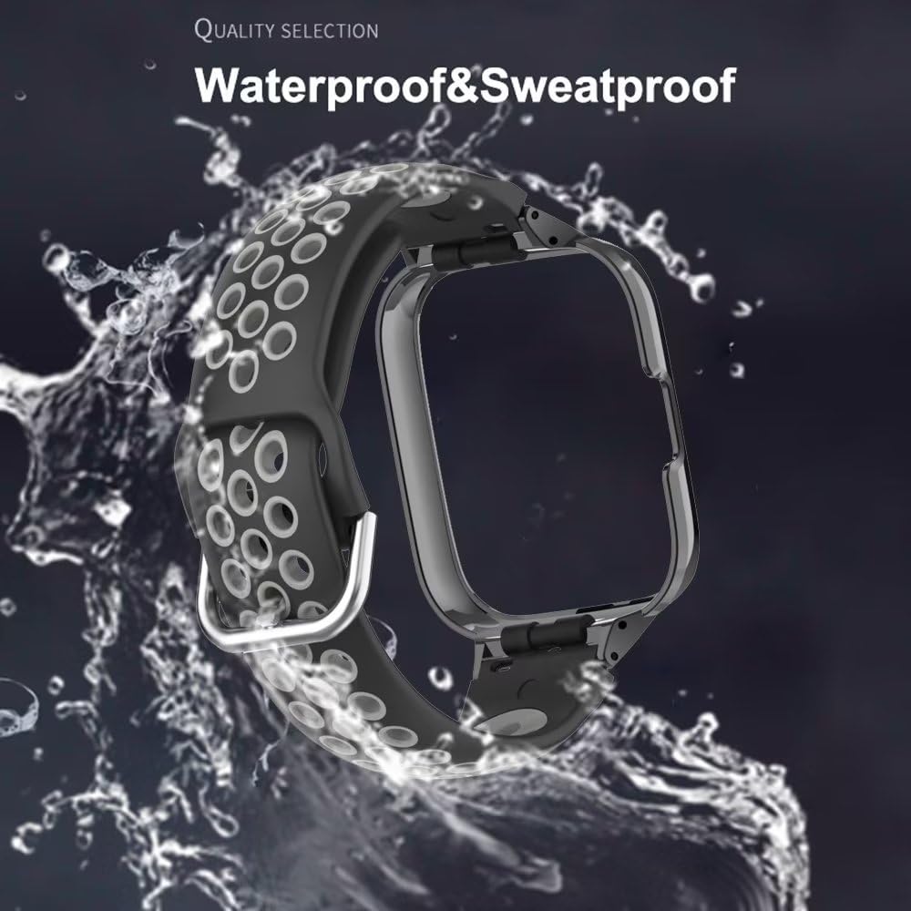 T-BLUER Strap Compatible with Xiaomi Redmi Watch 3 Active,Silicone Breathable two-color Watch Band Stainless Steel Metal Protective Frame Bracelet Accessories for Redmi Watch 3 Active Black Red - Image 4