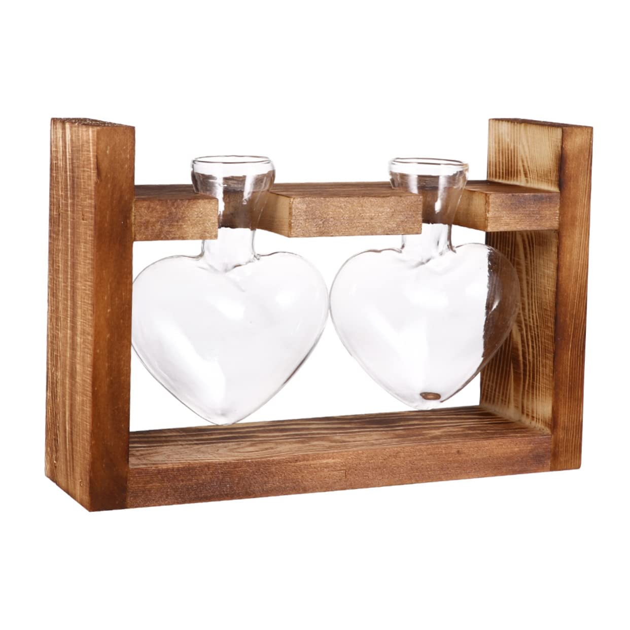 Jarrones de Cristal con Forma de Corazón Vintage, soporte de madera retro y set de dos unidades