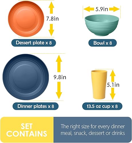 Miniatura 2 de Teivio - Juego de vajilla de paja de trigo de 32 piezas, platos para platillo principal, plato de postre, cuencos para cereales, vasos, platos de