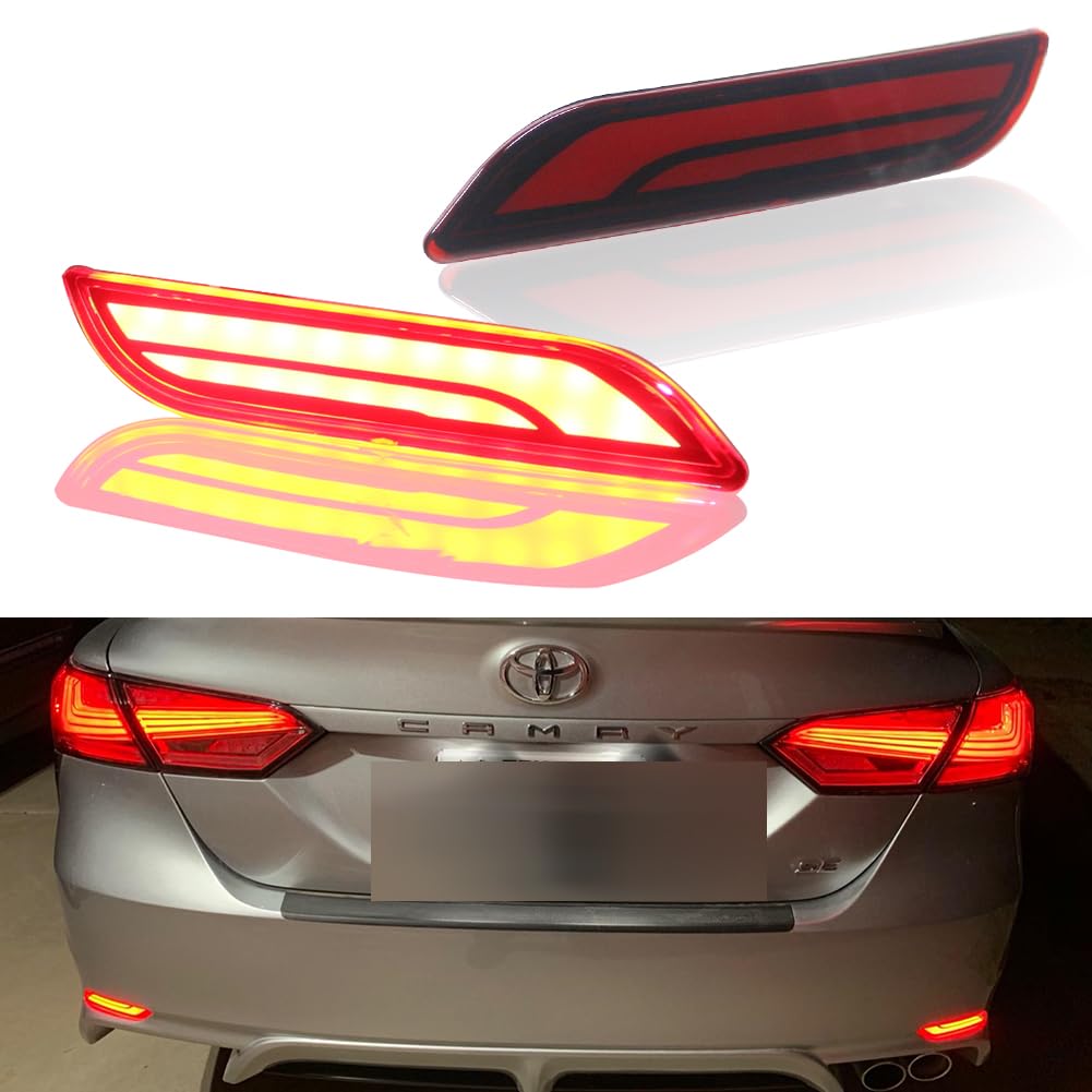 GTINTHEBOX 3D Optic LED Rear Bumper Reflectors Brake Tail Lights and Sequential Turn Signal Lamps for 2018 2019 2020 2021 2022 2023 2024 Toyota Camry - Red Lens