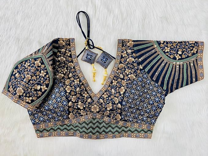 Image of Pujia Mills Mills Women's Fancy Readymade Heavy Coding Embroidary Worked Half Sleeve Multicolor Saree Blouse(Mushroom)