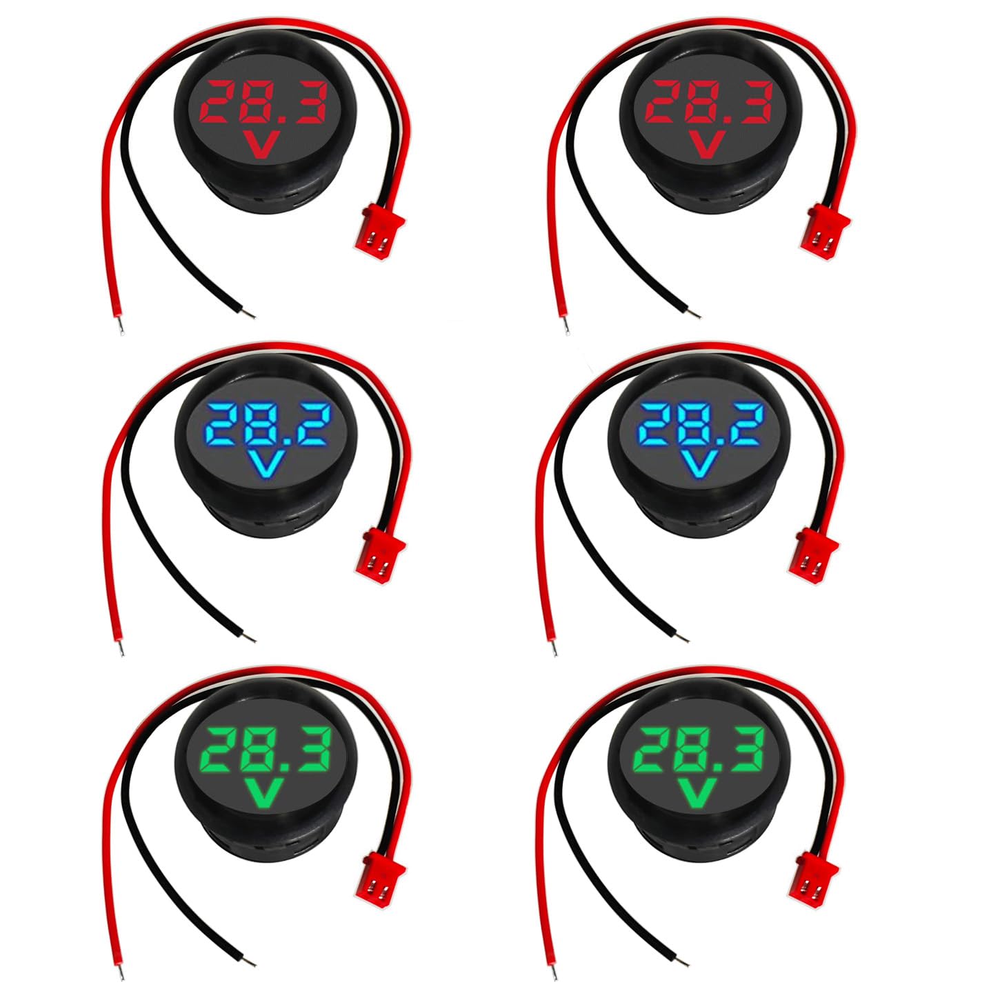 GTIWUNG 6 Piezas Mini Voltímetro Digital DC 2 líneas 4-100V Mini probador de Voltaje Pantalla LED Protección de Polaridad Inversa y Medición de Presión Precisa, Rojo & Azul & Verde, Redondo