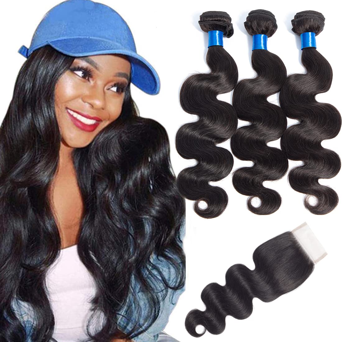 Cranberry Hair Brazilian Virgin Hair 3 bundles With Closure Body Wave Free Part 100% Unprocessed Human Hair Bundles Weave Weft with Lace Closure Natural Color(22 24 26+18 closure,Free Part)