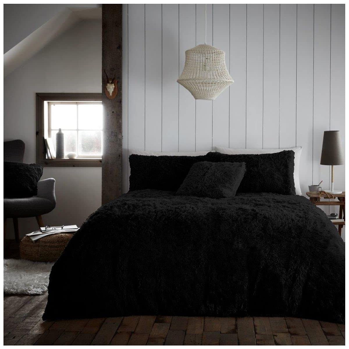GC GAVENO CAVAILIA Luxury Long Pile Faux Fur Double Duvet Set, Cosy Warm Hug & Snug Thermal Bedding Set Fleece Quilt Cover Wth Pillowcases, Black