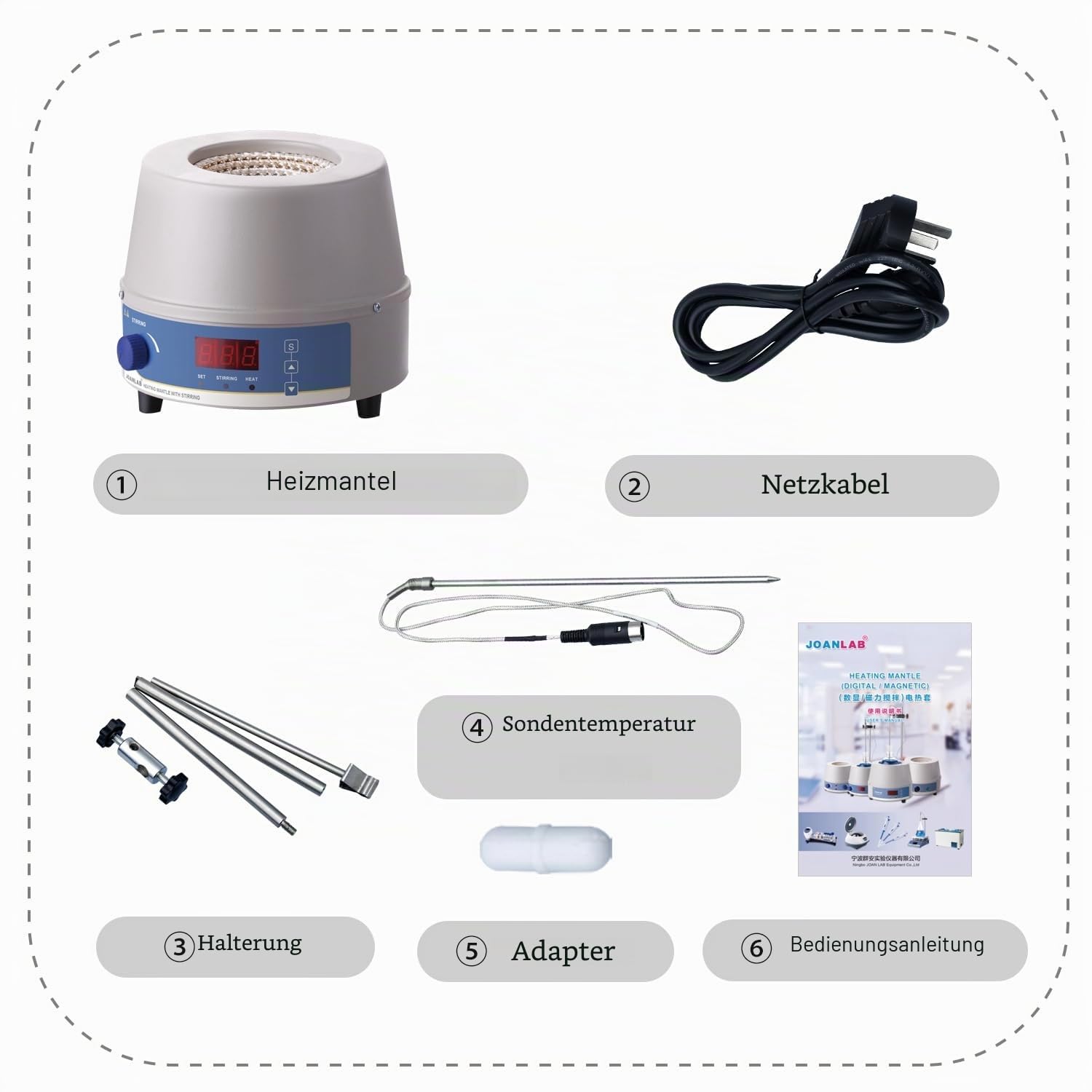 JOANLAB Magnetrührer mit Heizhaube 1000ml, 350W Labor-Thermostat mit Digitalanzeige, Temperatursonde & Timer-Funktion