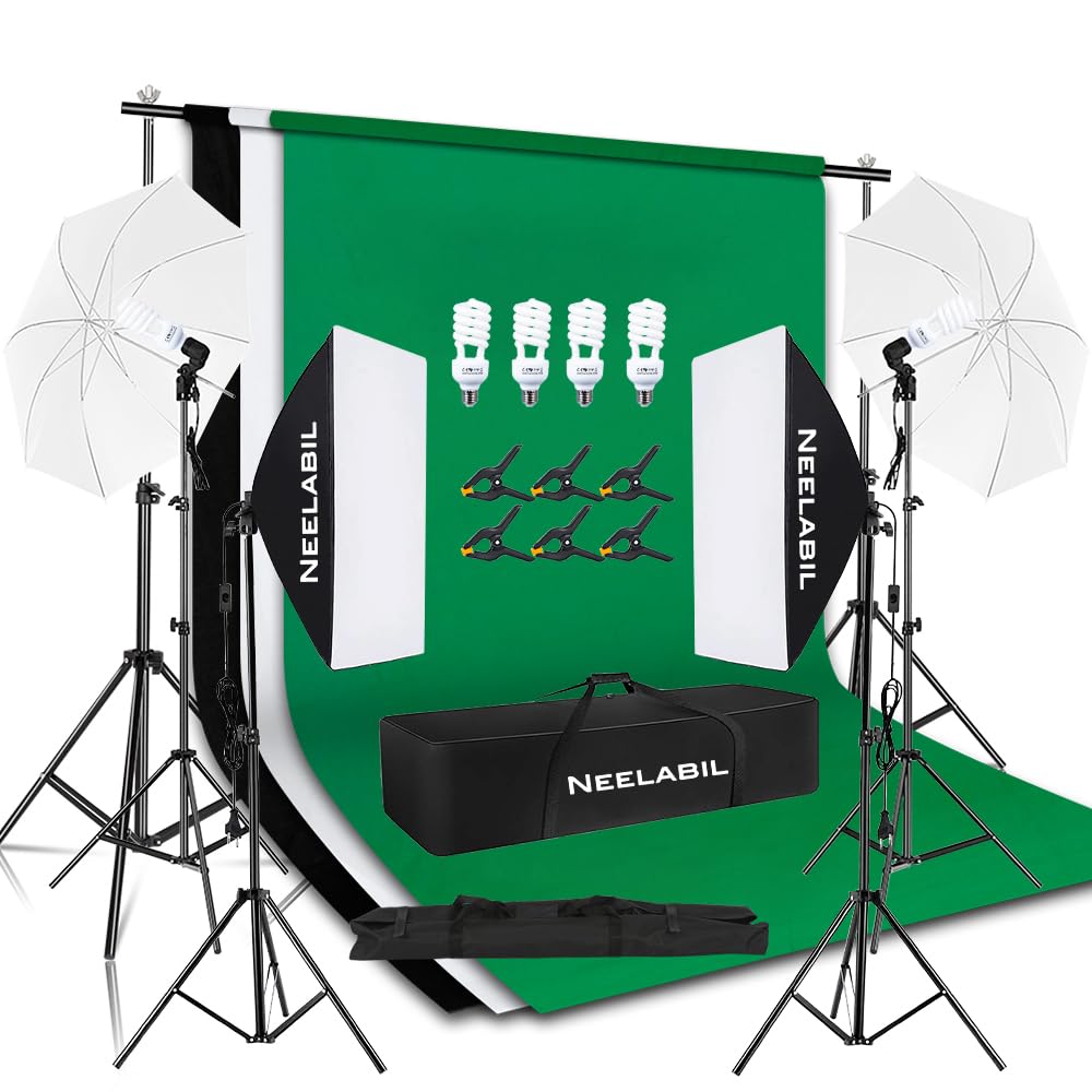Neelabil Photography Lighting Kit,Photography Backdrop Kit 6.5x9.8ft Backdrop Stands and 5500K Umbrellas Softbox Continuous Lighting Kit for Photo Studio Product Portrait and Video Shoot Photography