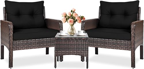 KOTEK Juego de muebles de patio de 3 piezas, juego de muebles de mimbre para exteriores con 4 cojines, juego de muebles de ratán PE para todo tipo