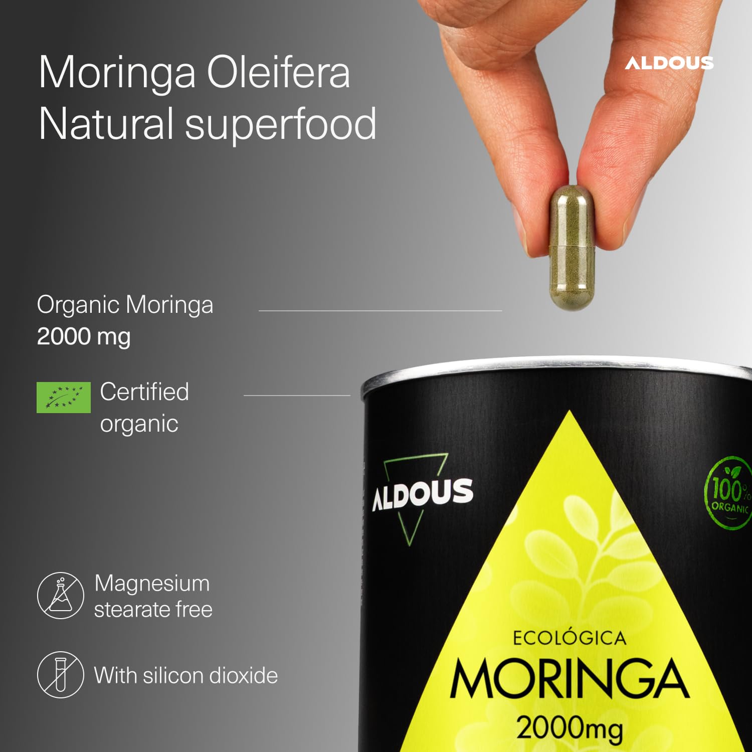 Moringa-Kapseln, Bio-zertifiziert – 300 Kapseln, 2000 mg pro Portion – Superfood reich an Vitaminen, Mineralstoffen und Proteinen – Energie und Wohlbefinden – Bio-Moringa Oleifera – Aldous