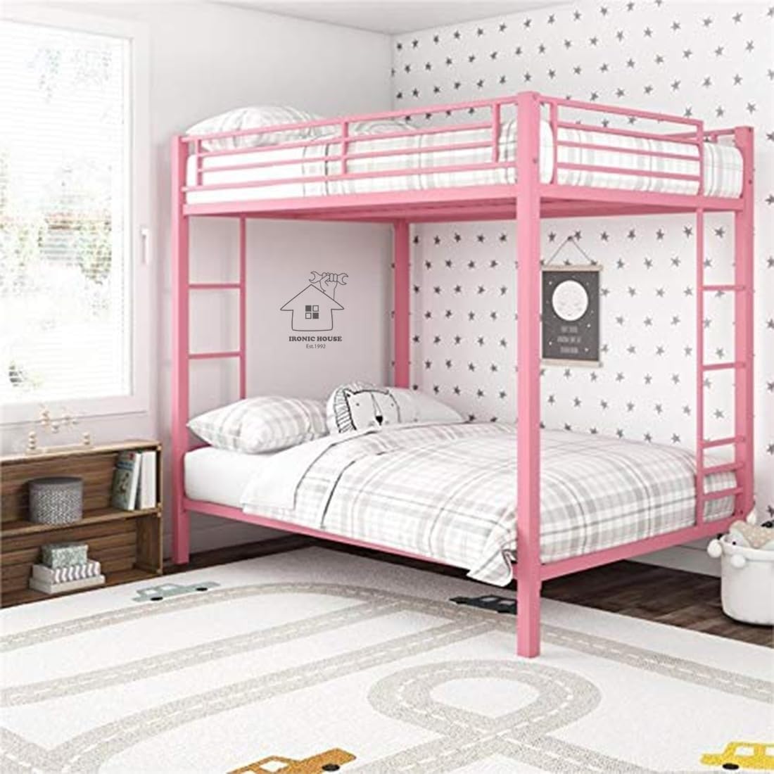 Ironic House Full Metal Bunk Bed, Frame with Ladder Without Mattress (Pink)